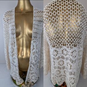 Boho Beautiful Capri Crochet Cream Color Detailed Cardigan Medium
